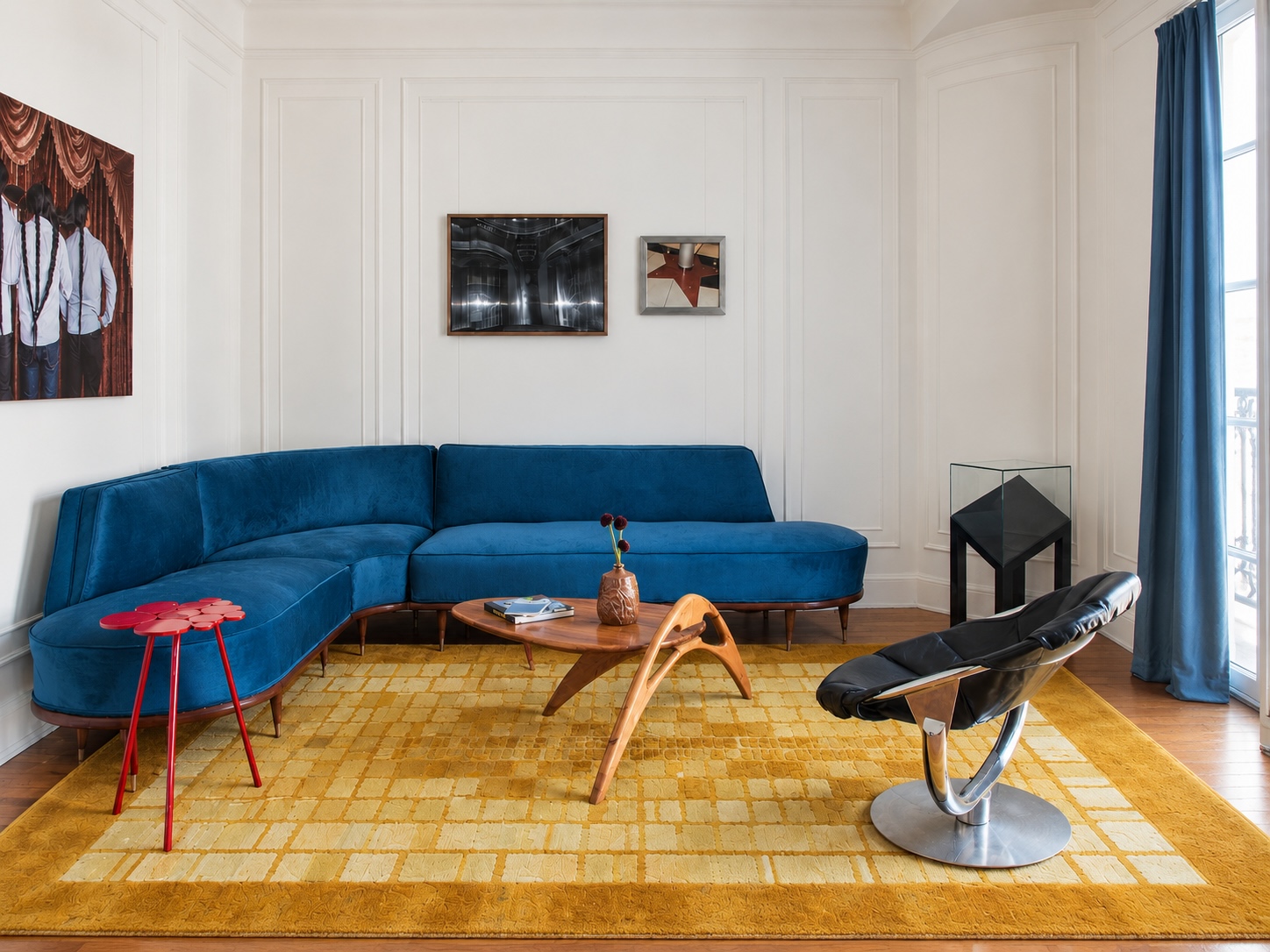 Modern Teal Lounge with Golden Rug