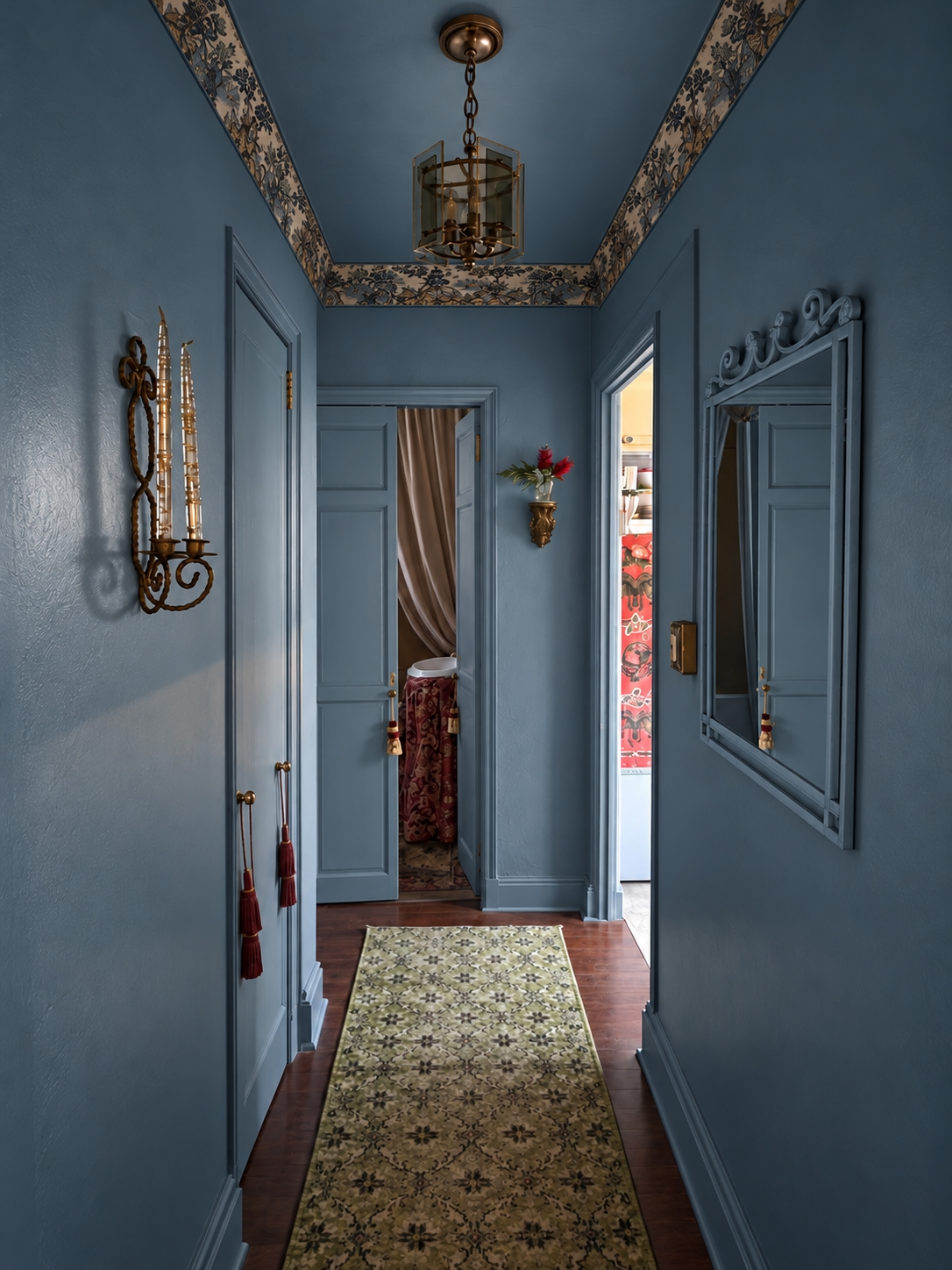 Slate-blue hallway with ceiling-wrapped wallpaper